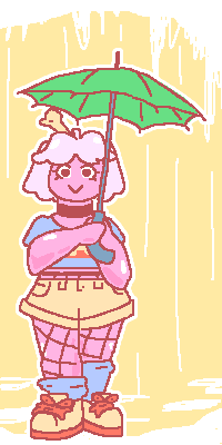 Meatgirl cheerfully standing in rain, with an umbrella.